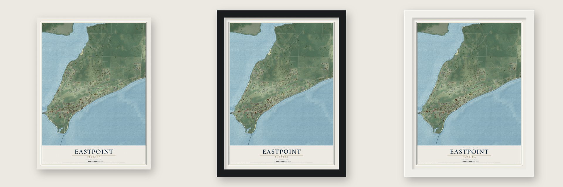 Eastpoint, Florida map unframed, in a black wood frame and in a white wood frame