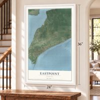 Eastpoint, Florida map, 24 x 36 inch print in a white frame by a staircase