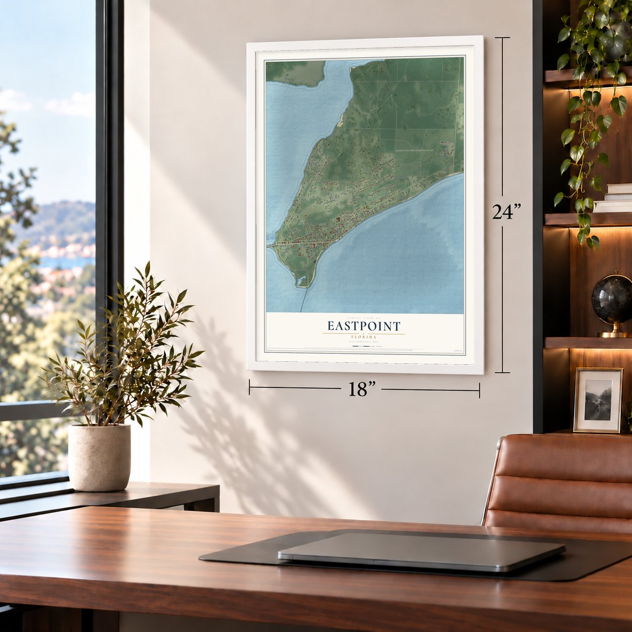 Eastpoint, Florida map, 18 x 24 inch print in a white frame in a home office
