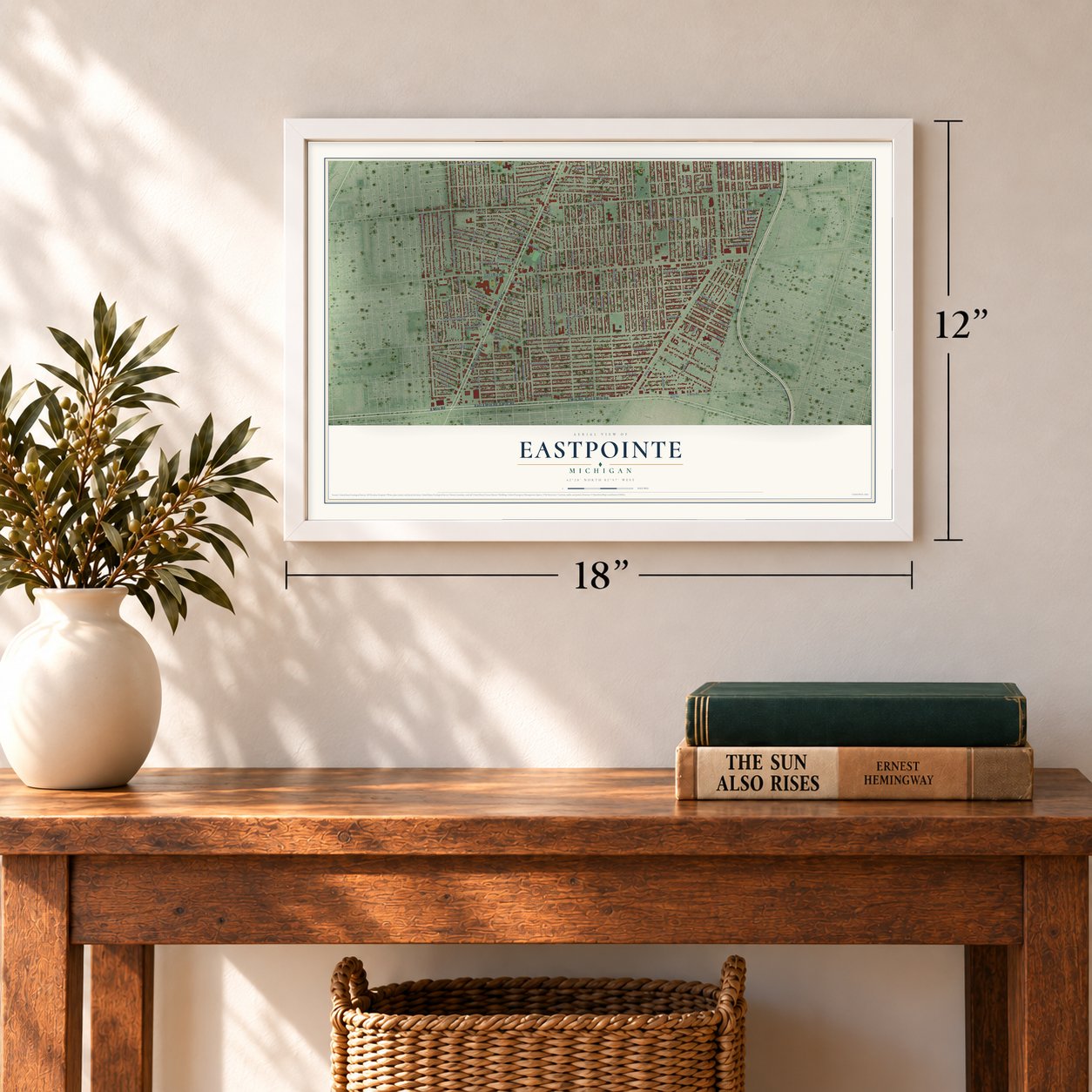 Eastpointe, Michigan map, 12 x 18 inch print in a white frame in an entryway