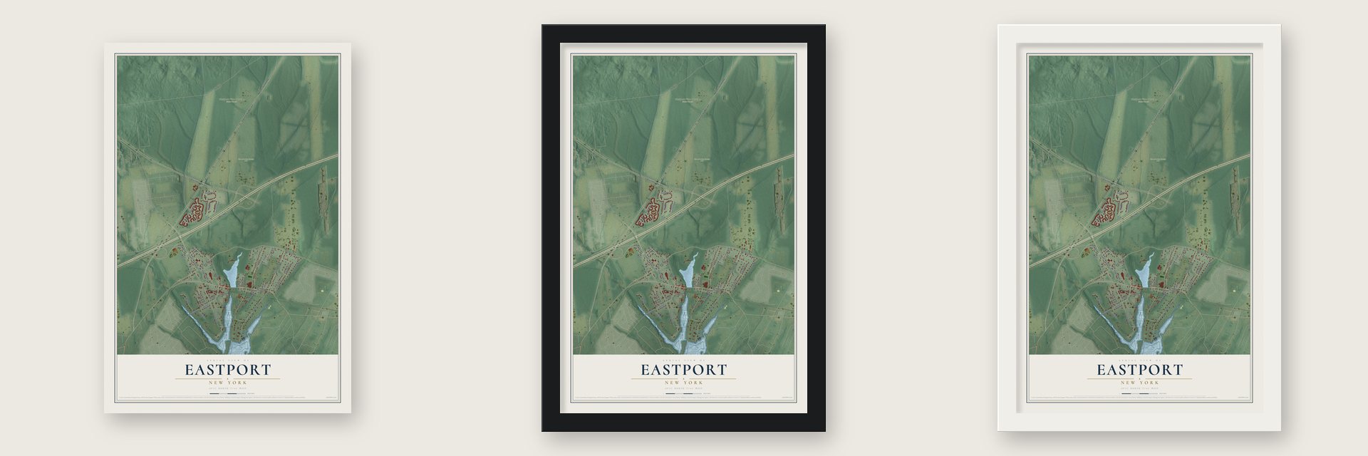 Eastport, New York map unframed, in a black wood frame and in a white wood frame