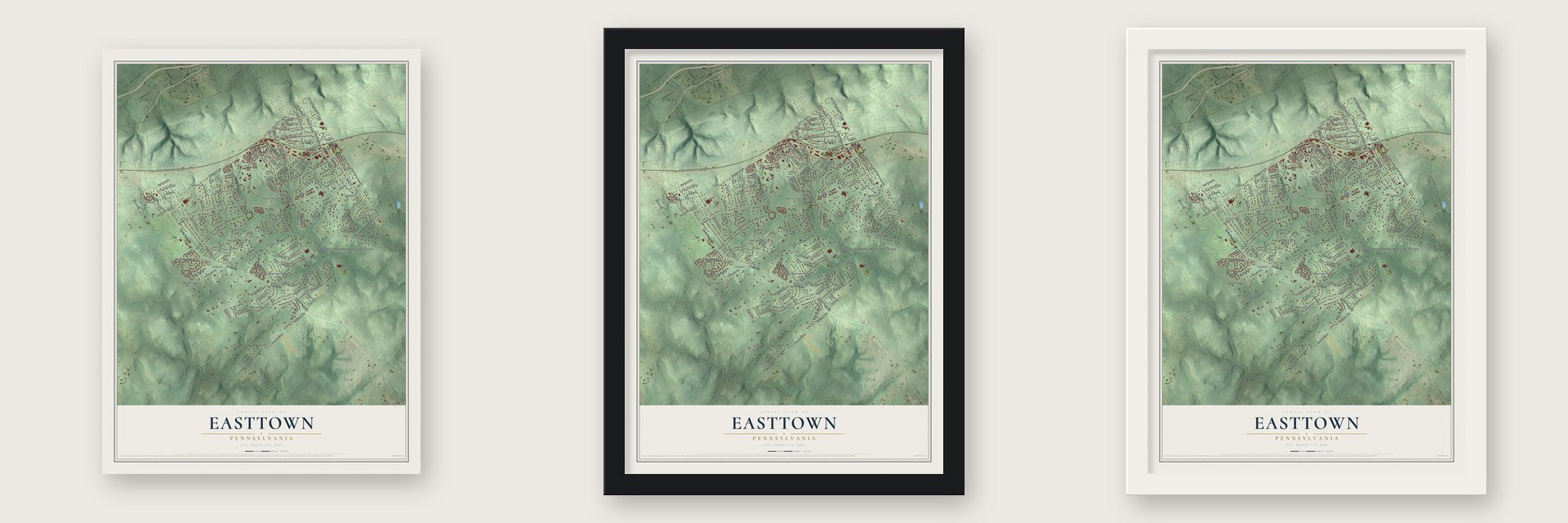 Easttown, Pennsylvania map unframed, in a black wood frame and in a white wood frame
