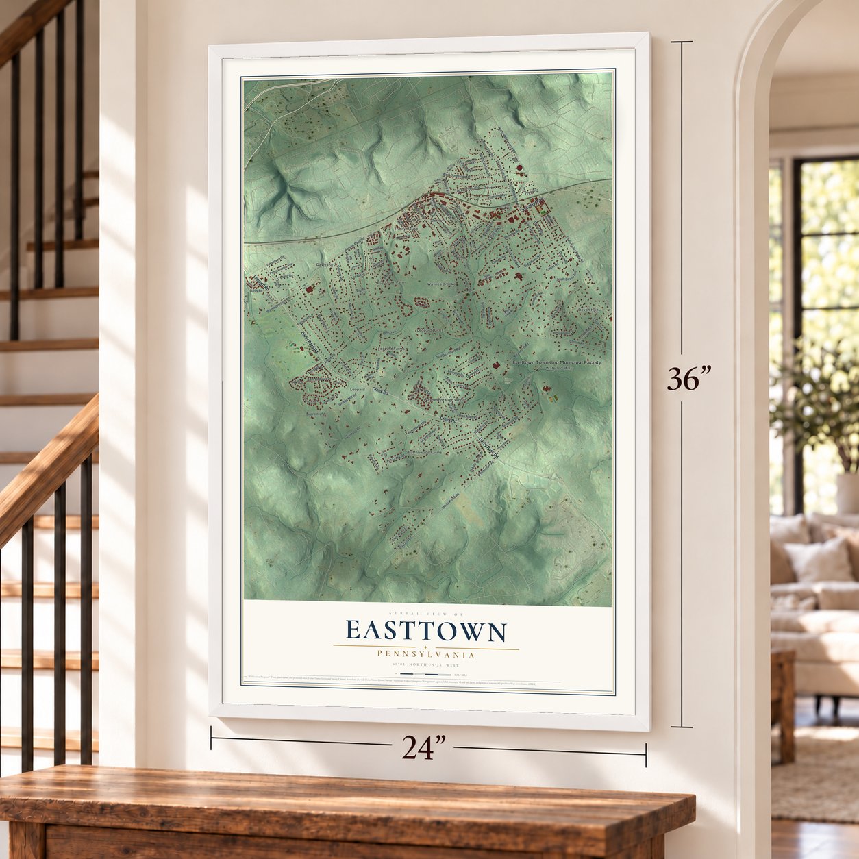 Easttown, Pennsylvania map, 24 x 36 inch print in a white frame by a staircase