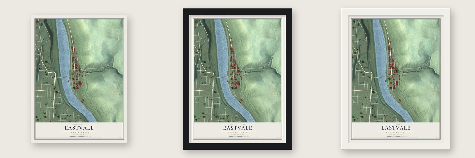 Eastvale, Pennsylvania map unframed, in a black wood frame and in a white wood frame