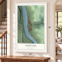 Eastvale, Pennsylvania map, 24 x 36 inch print in a white frame by a staircase
