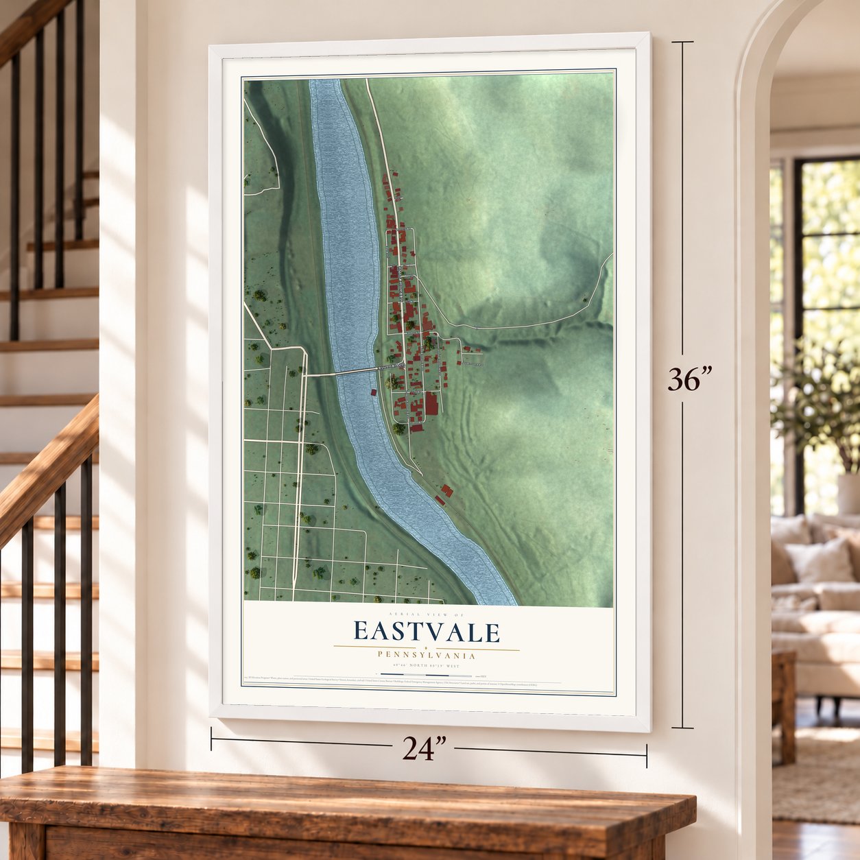 Eastvale, Pennsylvania map, 24 x 36 inch print in a white frame by a staircase