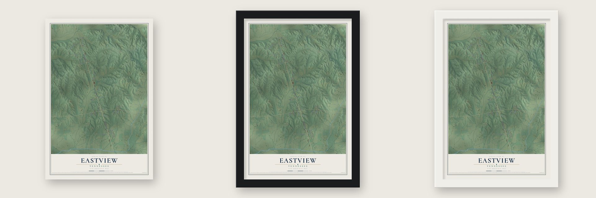 Eastview, Tennessee map unframed, in a black wood frame and in a white wood frame