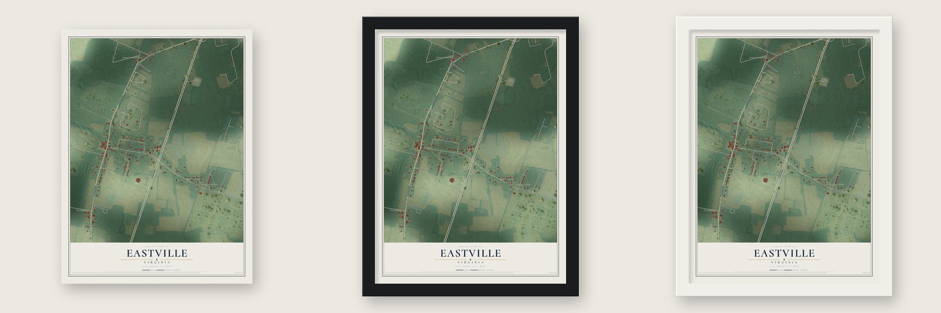 Eastville, Virginia map unframed, in a black wood frame and in a white wood frame