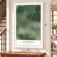 Eastville, Virginia map, 24 x 36 inch print in a white frame by a staircase