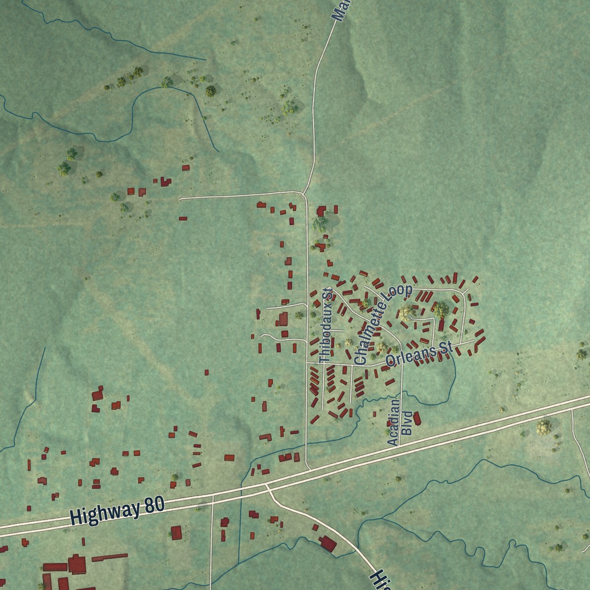 Second close-up of the map of Eastwood, Louisiana print showing more streets and buildings