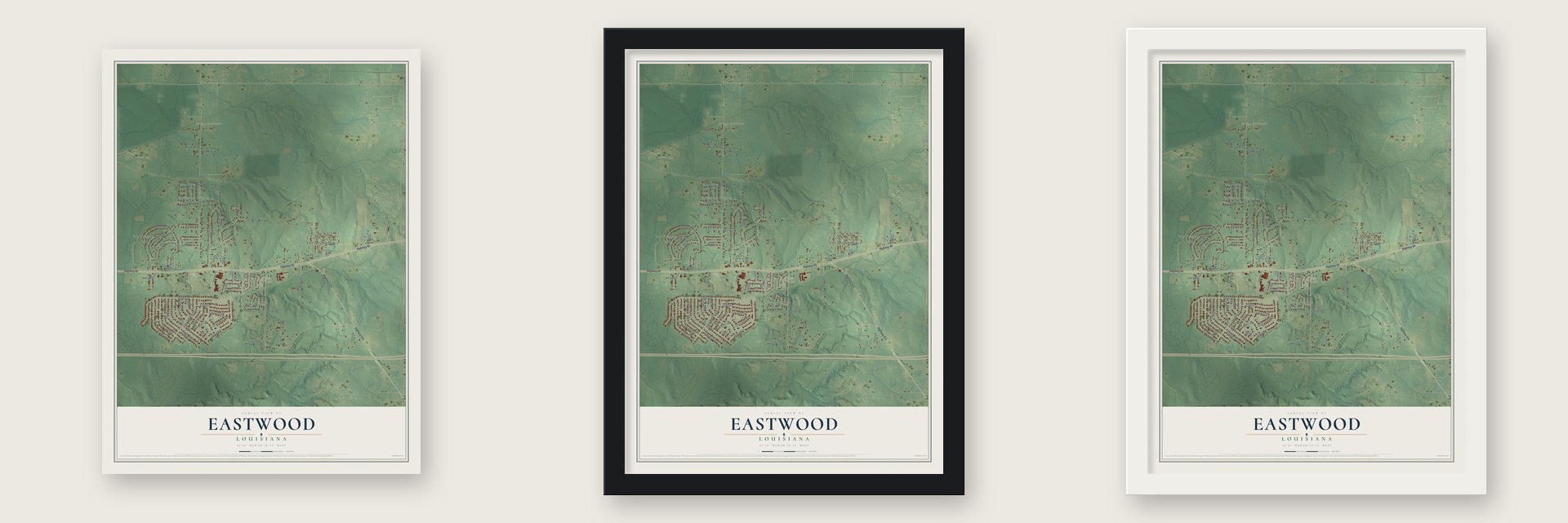 Eastwood, Louisiana map unframed, in a black wood frame and in a white wood frame