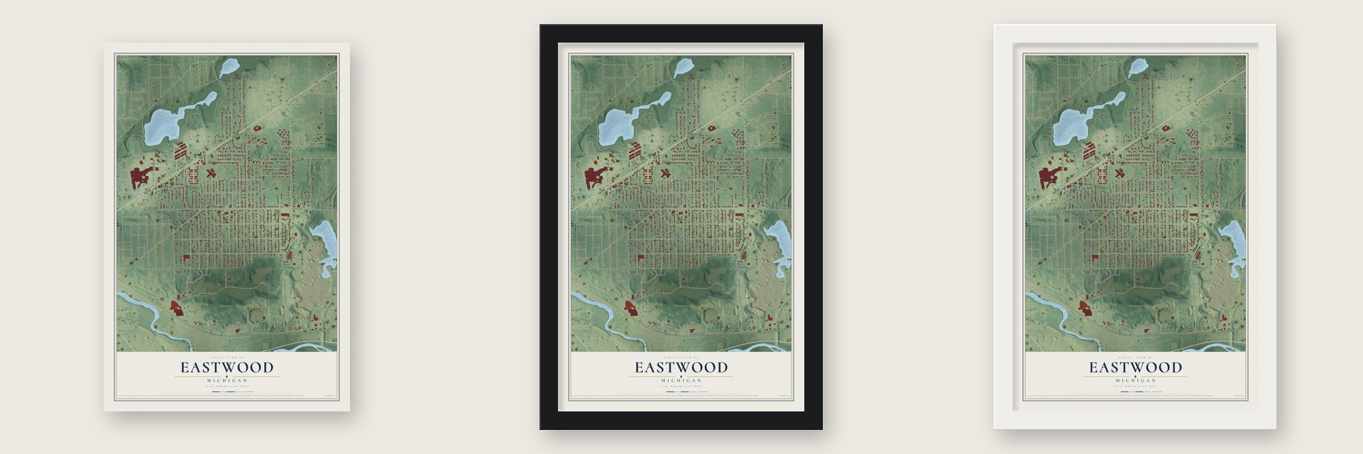 Eastwood, Michigan map unframed, in a black wood frame and in a white wood frame