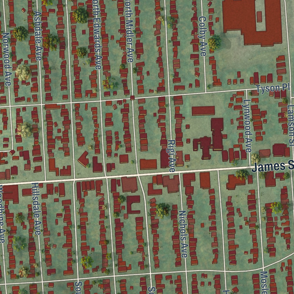 Second close-up of the map of Eastwood, New York print showing more streets and buildings