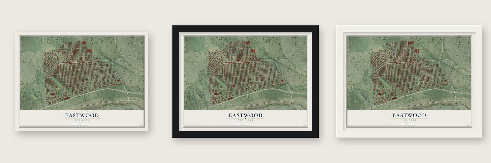 Eastwood, New York map unframed, in a black wood frame and in a white wood frame