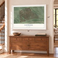 Eastwood, New York map, 24 x 36 inch print in a white frame above a dresser by a staircase