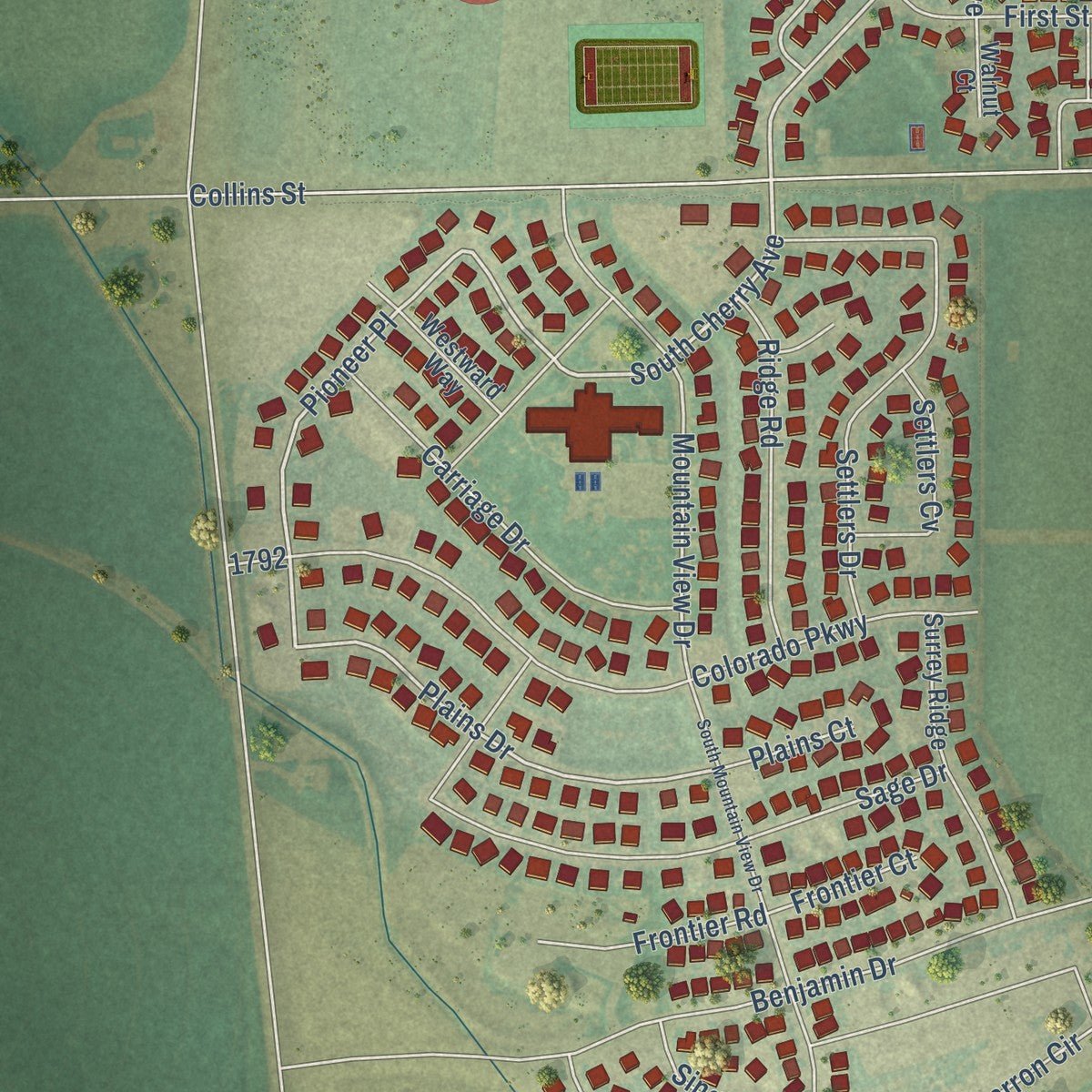 Second close-up of the map of Eaton, Colorado print showing more streets and buildings