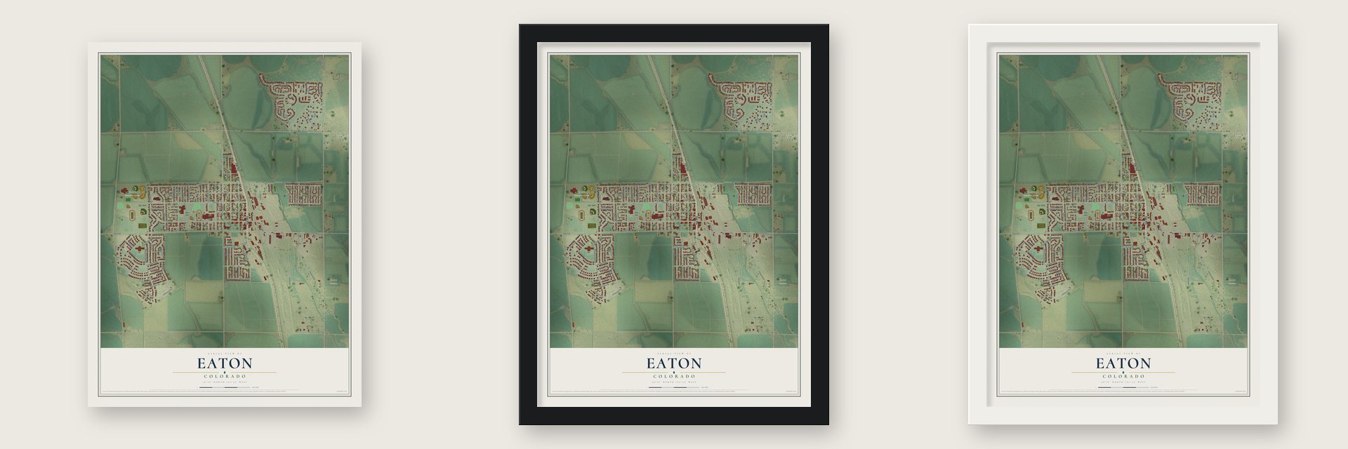 Eaton, Colorado map unframed, in a black wood frame and in a white wood frame
