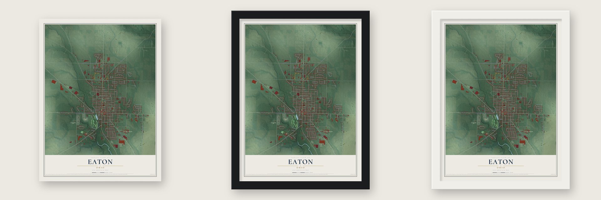 Eaton, Ohio map unframed, in a black wood frame and in a white wood frame