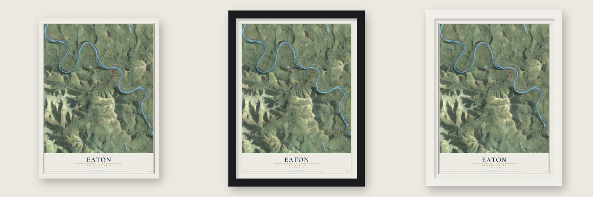 Eaton, Pennsylvania map unframed, in a black wood frame and in a white wood frame