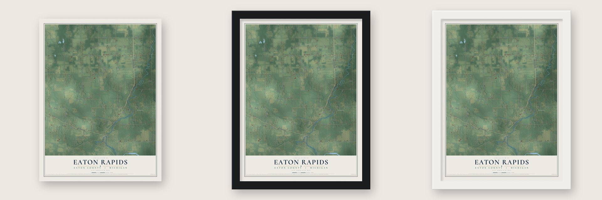 Eaton Rapids, Eaton County, Michigan map unframed, in a black wood frame and in a white wood frame