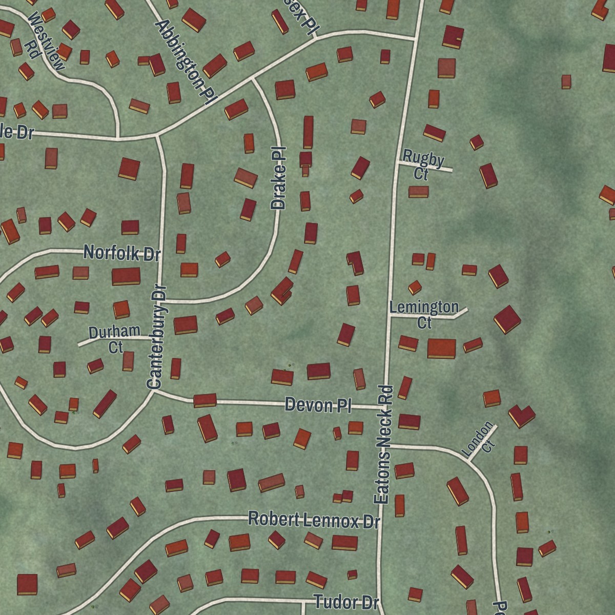 Second close-up of the map of Eatons Neck, New York print showing more streets and buildings