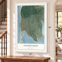 Eatons Neck, New York map, 24 x 36 inch print in a white frame by a staircase