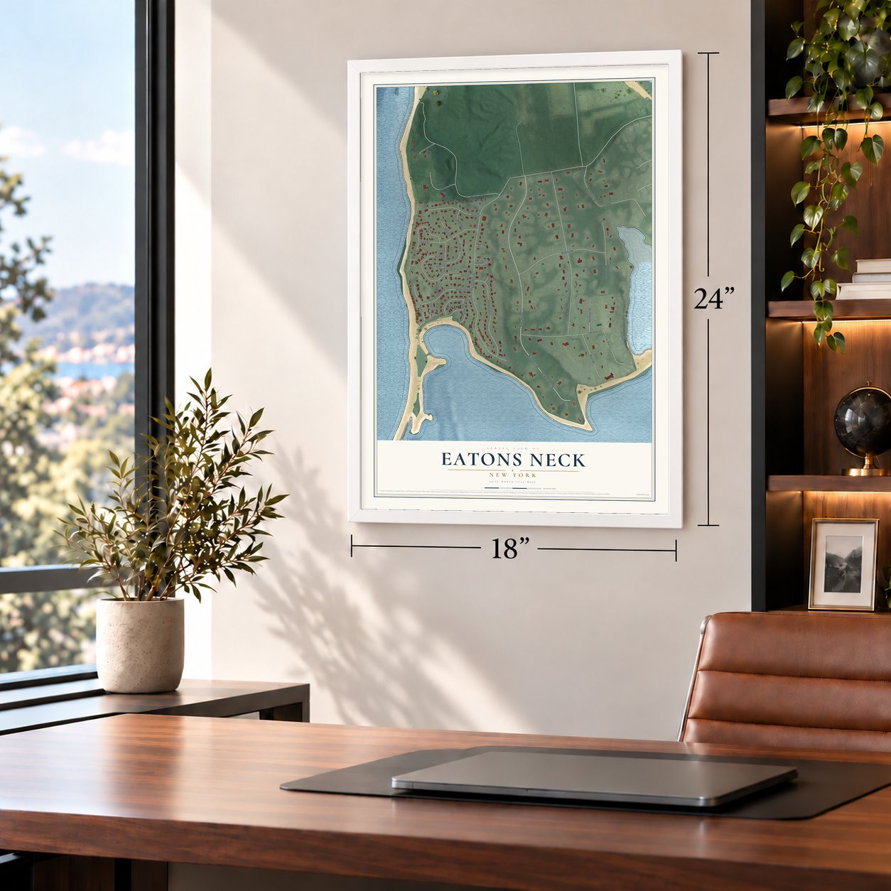 Eatons Neck, New York map, 18 x 24 inch print in a white frame in a home office