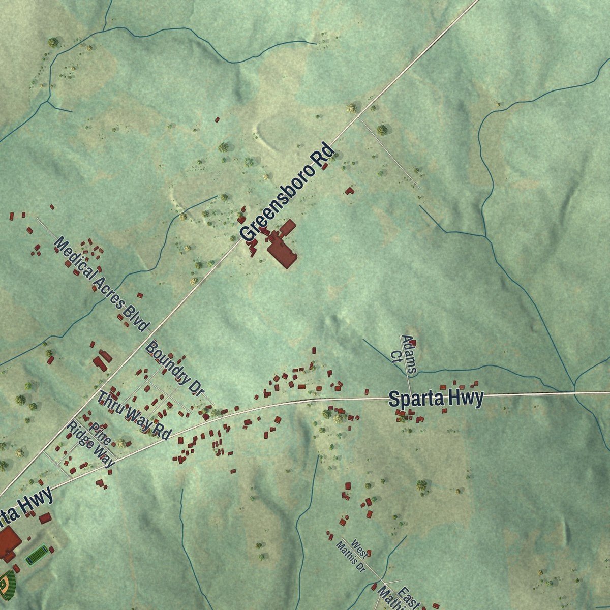 Second close-up of the map of Eatonton, Georgia print showing more streets and buildings