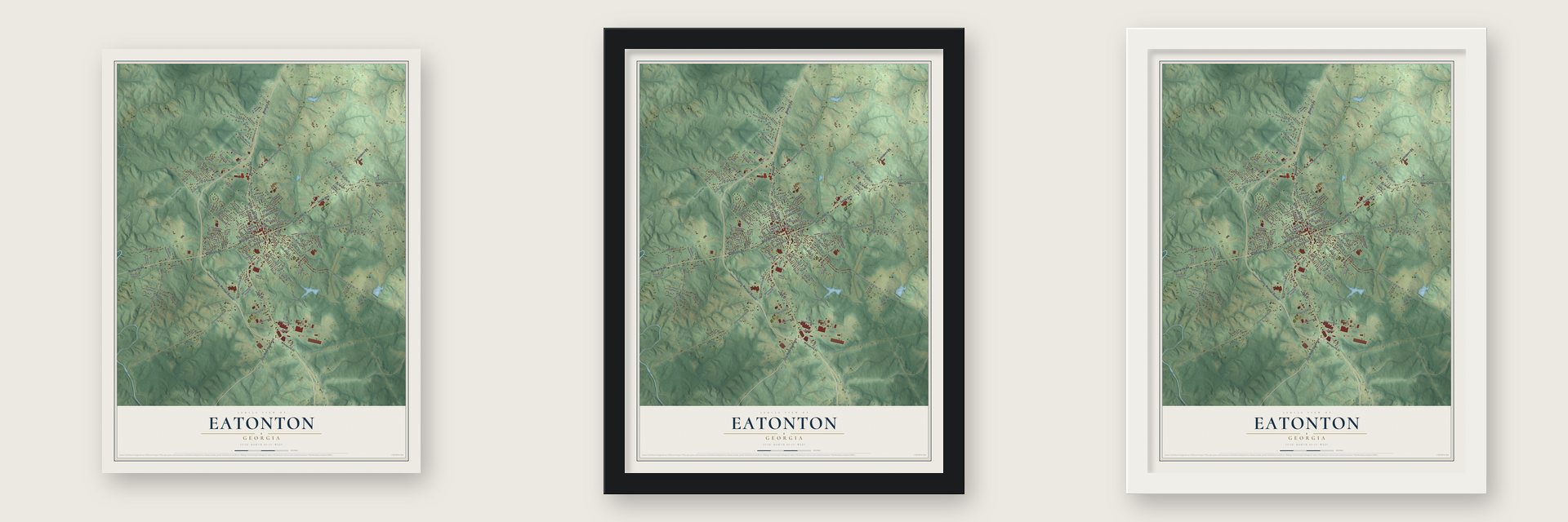 Eatonton, Georgia map unframed, in a black wood frame and in a white wood frame