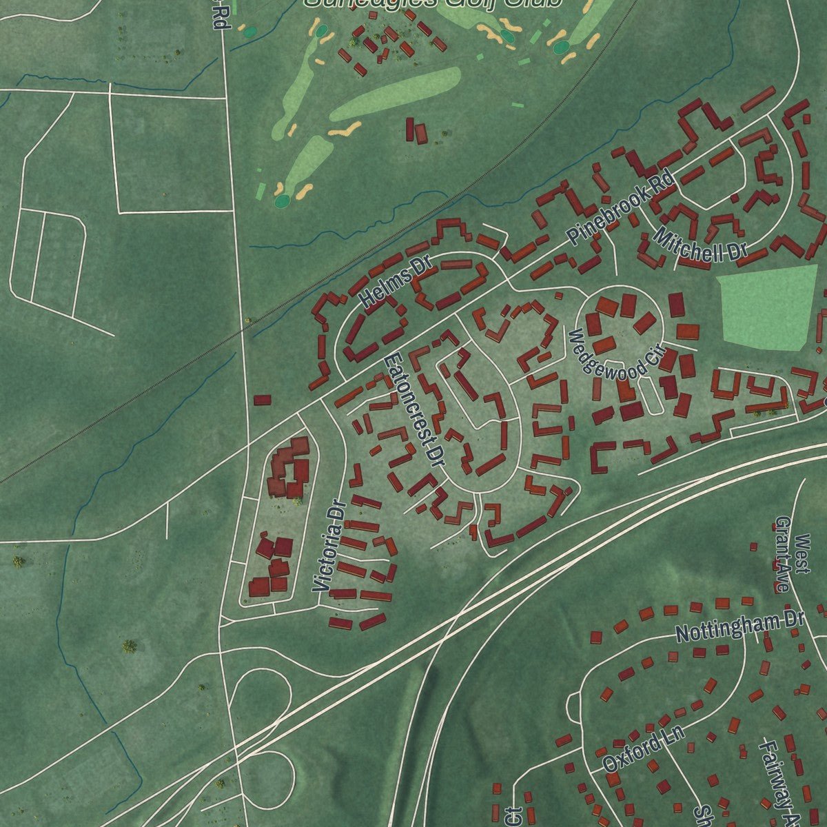 Second close-up of the map of Eatontown, New Jersey print showing more streets and buildings