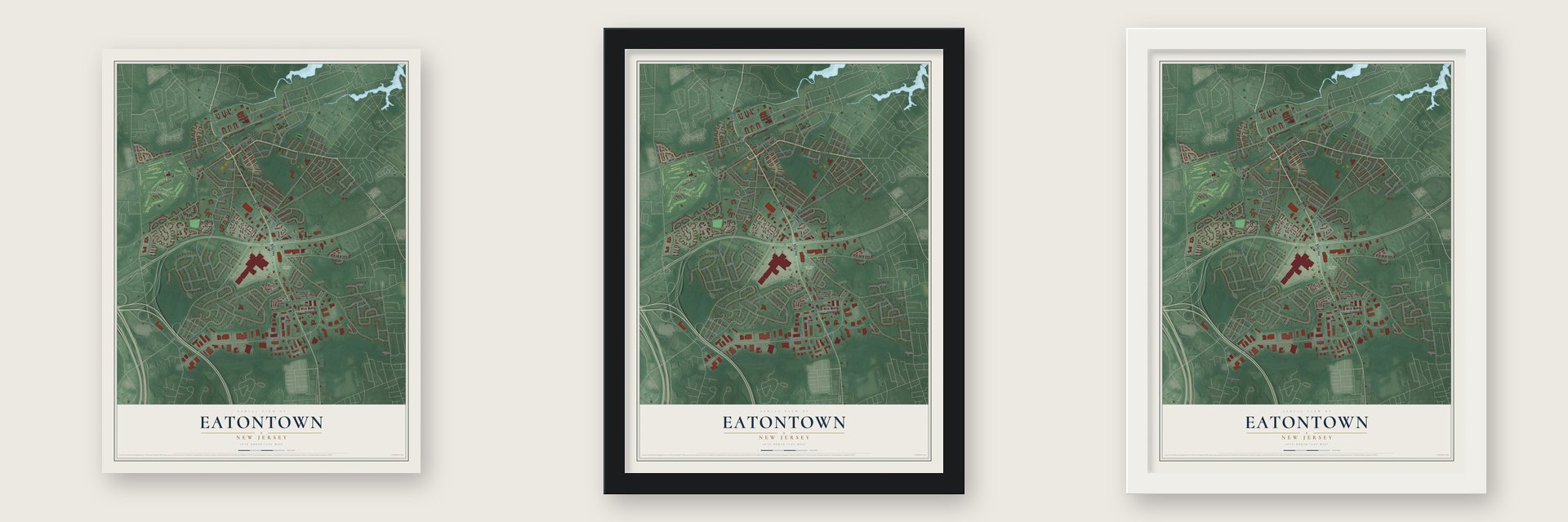 Eatontown, New Jersey map unframed, in a black wood frame and in a white wood frame