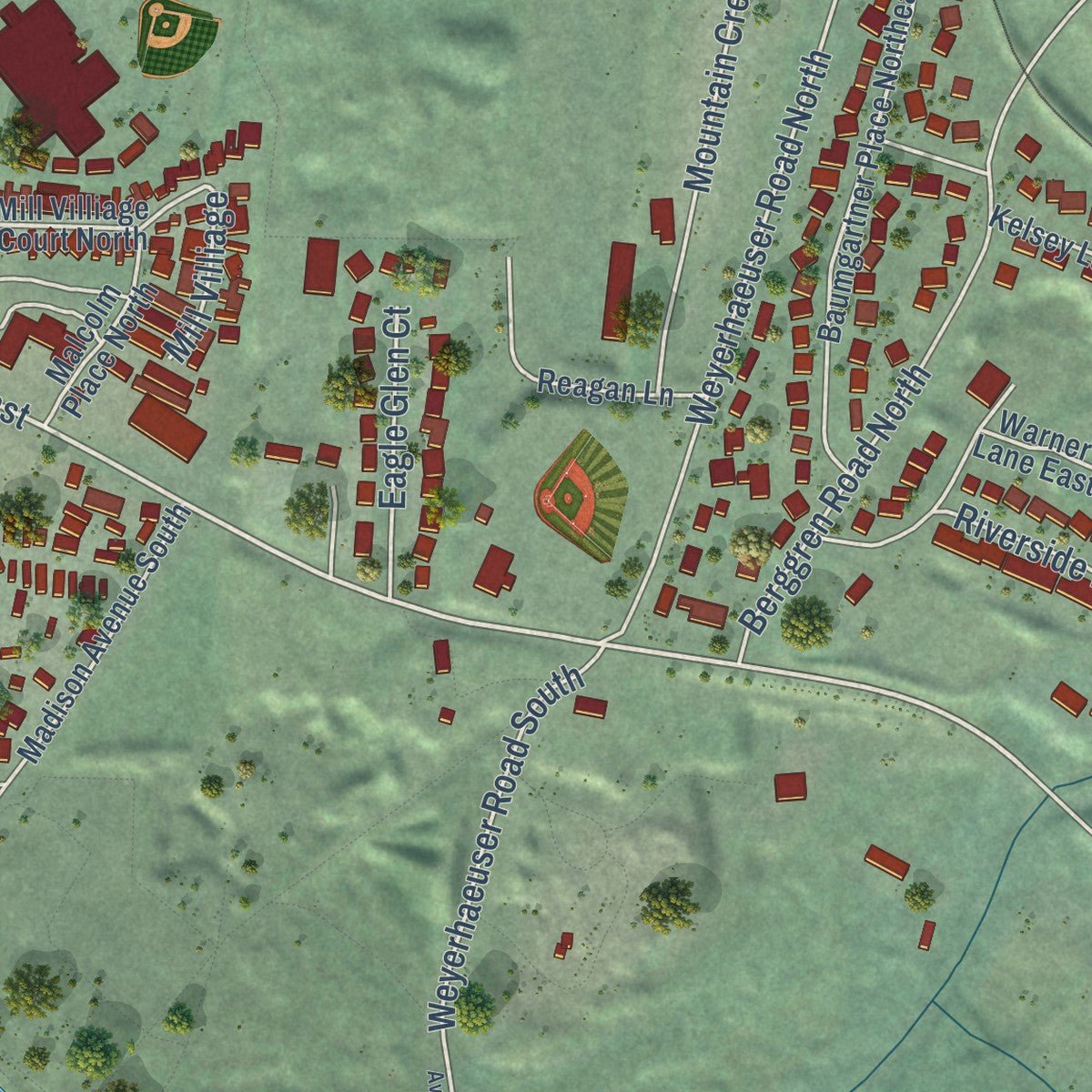 Second close-up of the map of Eatonville, Washington print showing more streets and buildings