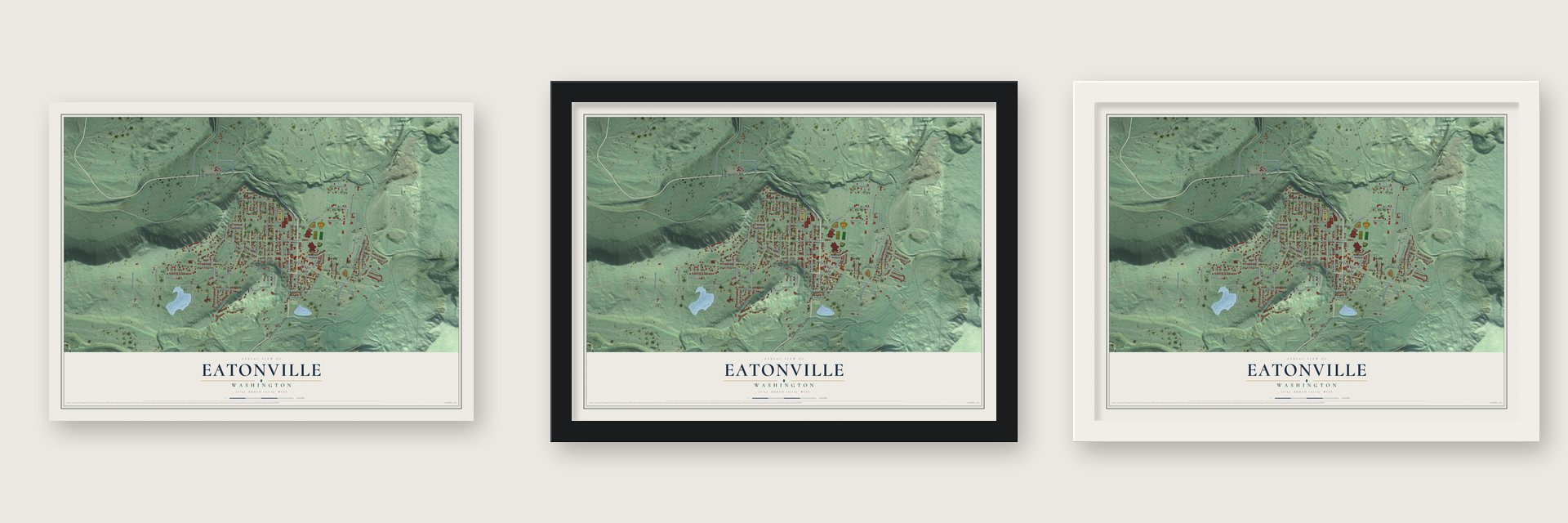 Eatonville, Washington map unframed, in a black wood frame and in a white wood frame