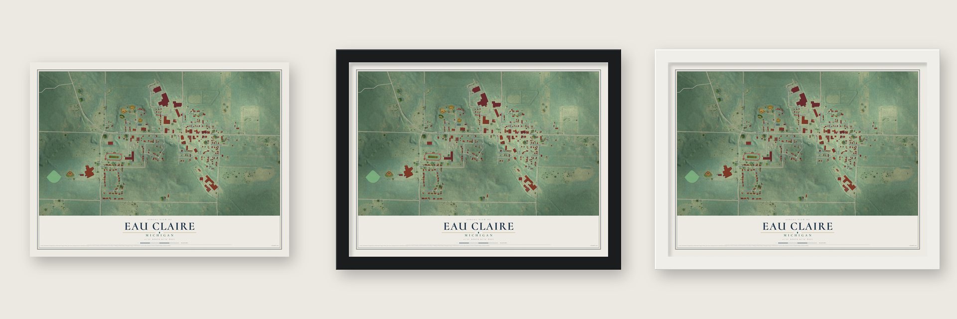 Eau Claire, Michigan map unframed, in a black wood frame and in a white wood frame