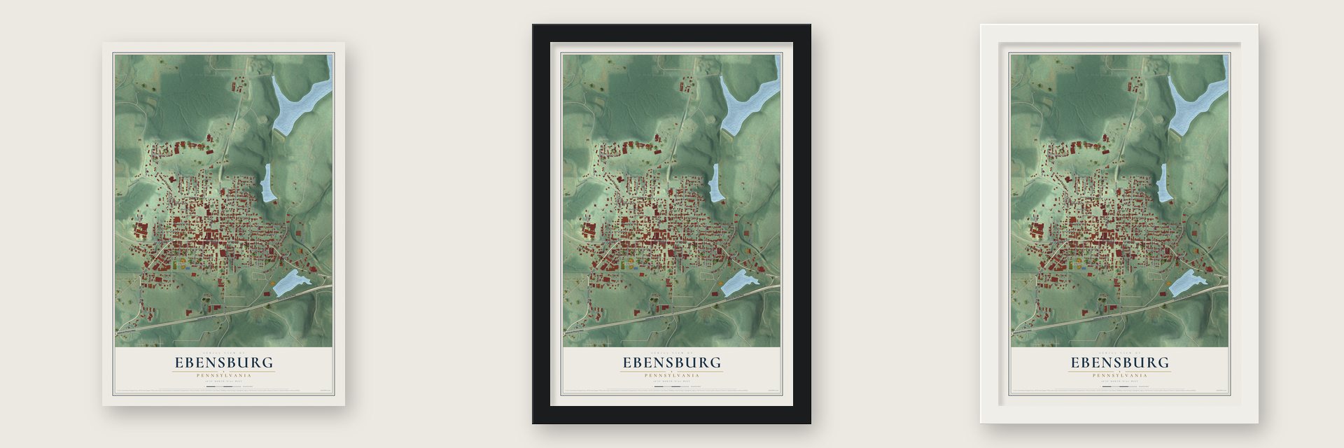 Ebensburg, Pennsylvania map unframed, in a black wood frame and in a white wood frame