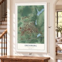 Ebensburg, Pennsylvania map, 24 x 36 inch print in a white frame by a staircase