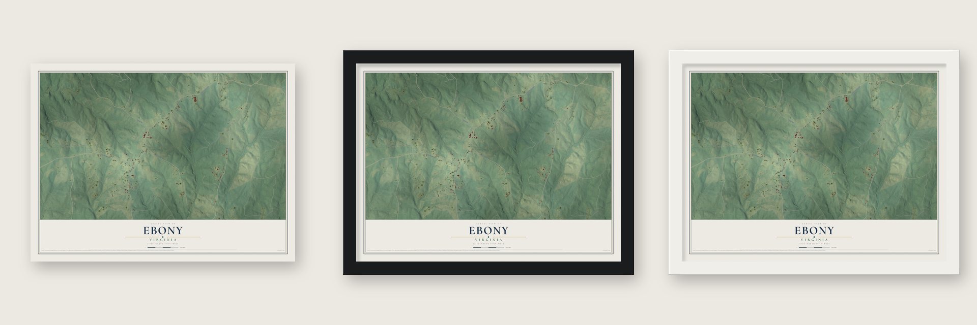 Ebony, Virginia map unframed, in a black wood frame and in a white wood frame