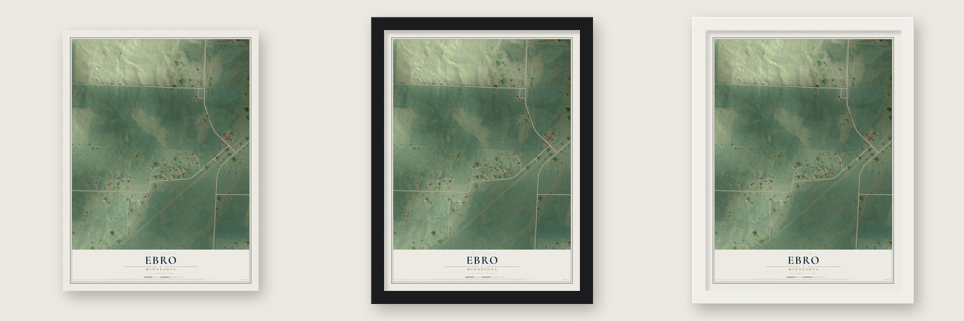 Ebro, Minnesota map unframed, in a black wood frame and in a white wood frame