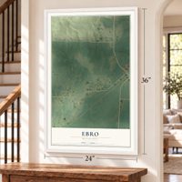 Ebro, Minnesota map, 24 x 36 inch print in a white frame by a staircase