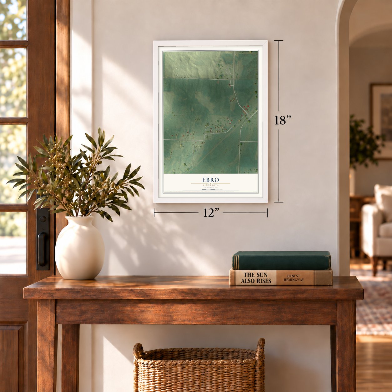 Ebro, Minnesota map, 12 x 18 inch print in a white frame in an entryway