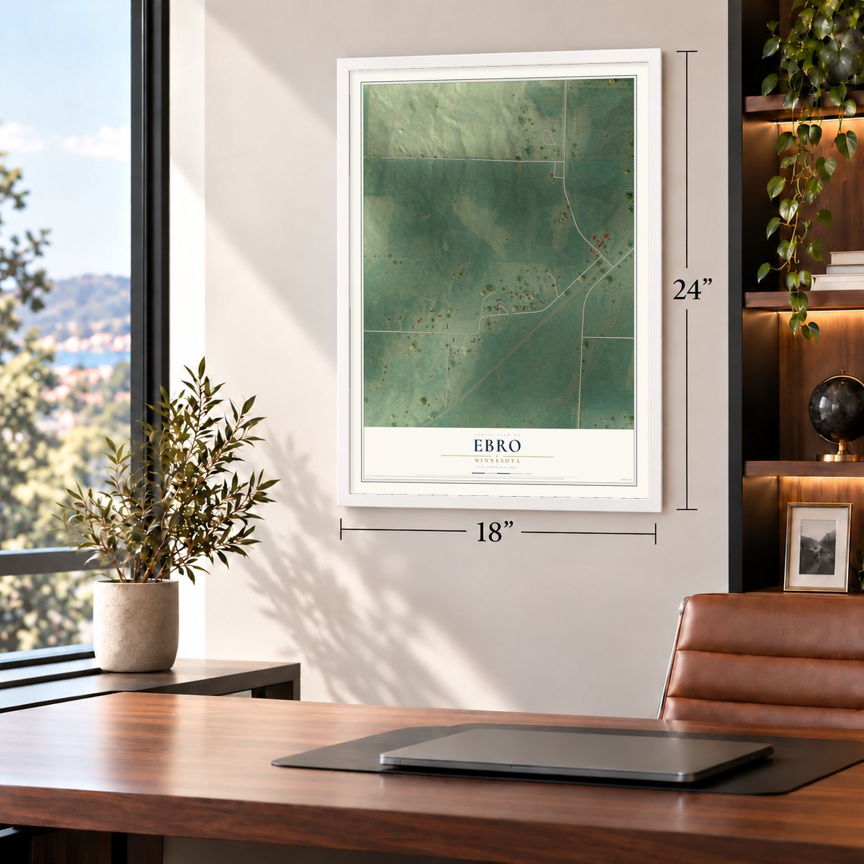 Ebro, Minnesota map, 18 x 24 inch print in a white frame in a home office