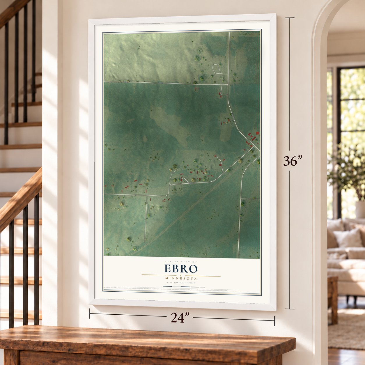Ebro, Minnesota map, 24 x 36 inch print in a white frame by a staircase