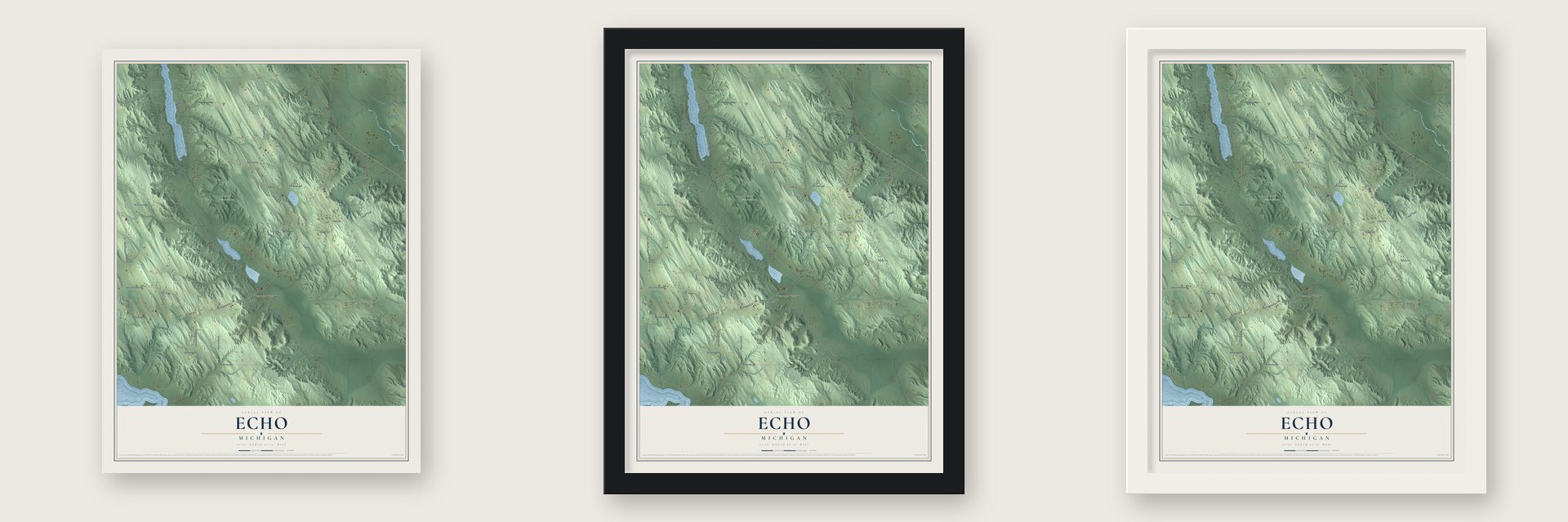 Echo, Michigan map unframed, in a black wood frame and in a white wood frame