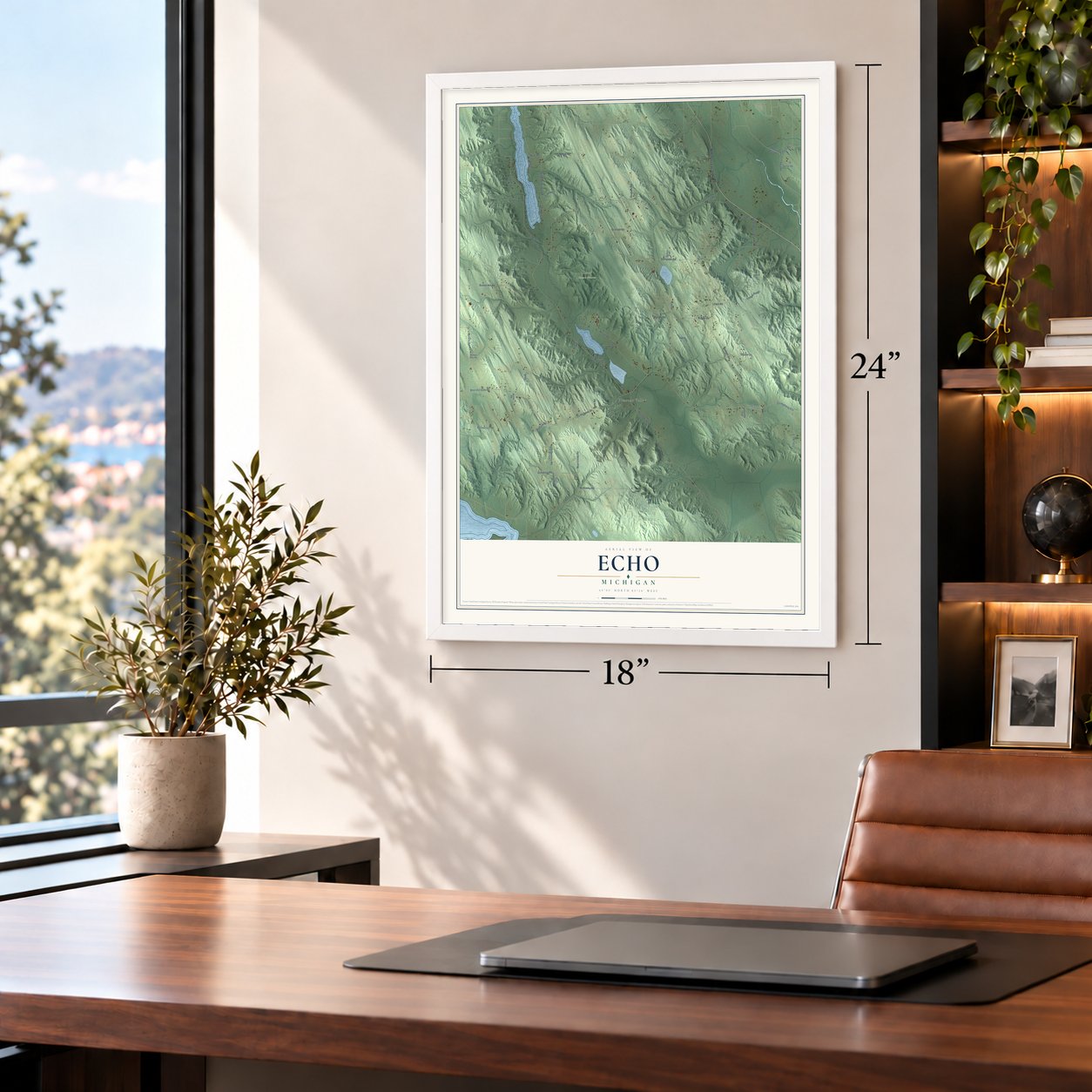 Echo, Michigan map, 18 x 24 inch print in a white frame in a home office