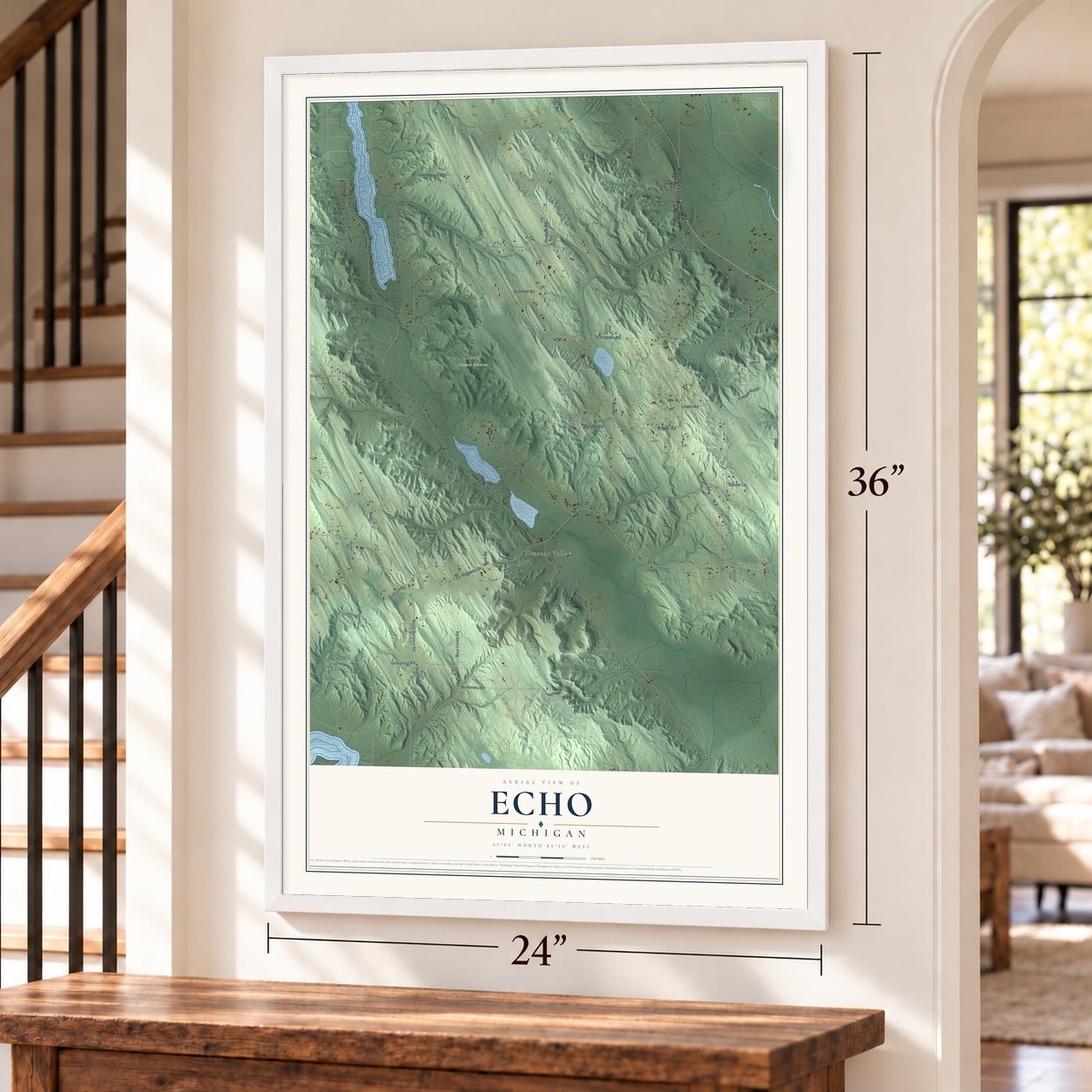 Echo, Michigan map, 24 x 36 inch print in a white frame by a staircase