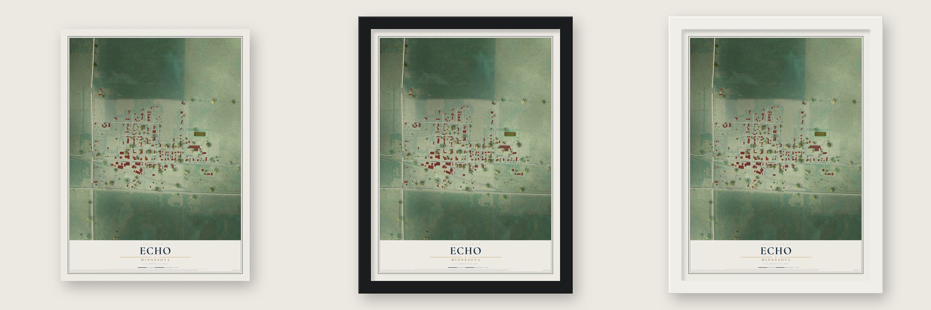 Echo, Minnesota map unframed, in a black wood frame and in a white wood frame