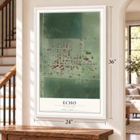 Echo, Minnesota map, 24 x 36 inch print in a white frame by a staircase