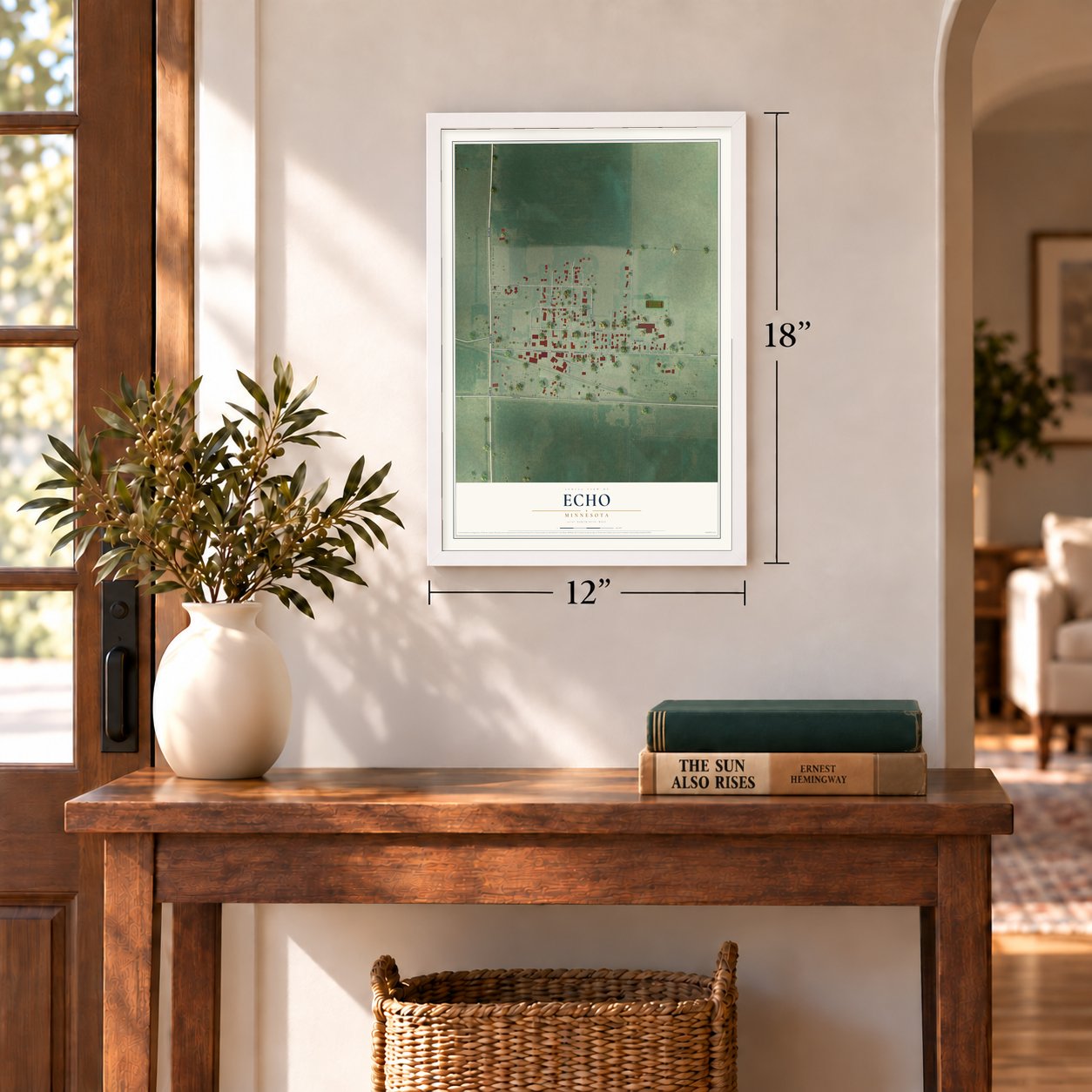Echo, Minnesota map, 12 x 18 inch print in a white frame in an entryway