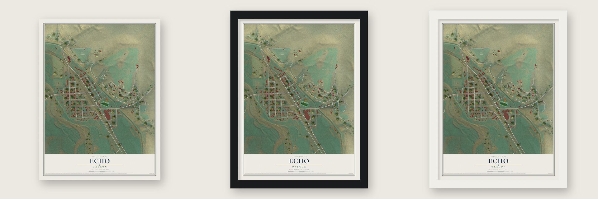 Echo, Oregon map unframed, in a black wood frame and in a white wood frame