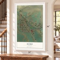 Echo, Oregon map, 24 x 36 inch print in a white frame by a staircase